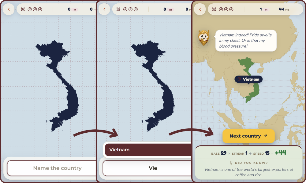 A MapFiend Conquest round: a bare country outline with a typed-answer field and a countdown
