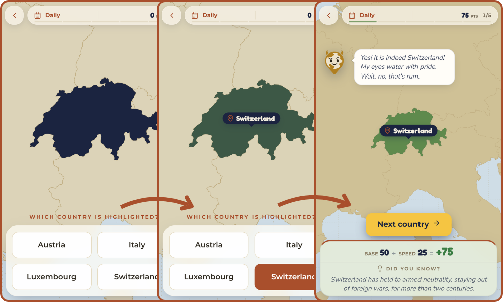 A MapFiend Daily round: a country outline highlighted on the map with four name options below