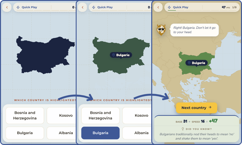 A MapFiend Quick Play round: a country outline with a difficulty setting and four name options